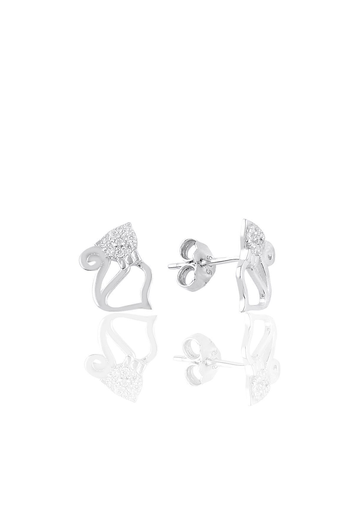 Söğütlü Silver Gümüş Rodyumlu Zirkon Taşlı Kedi Küpe