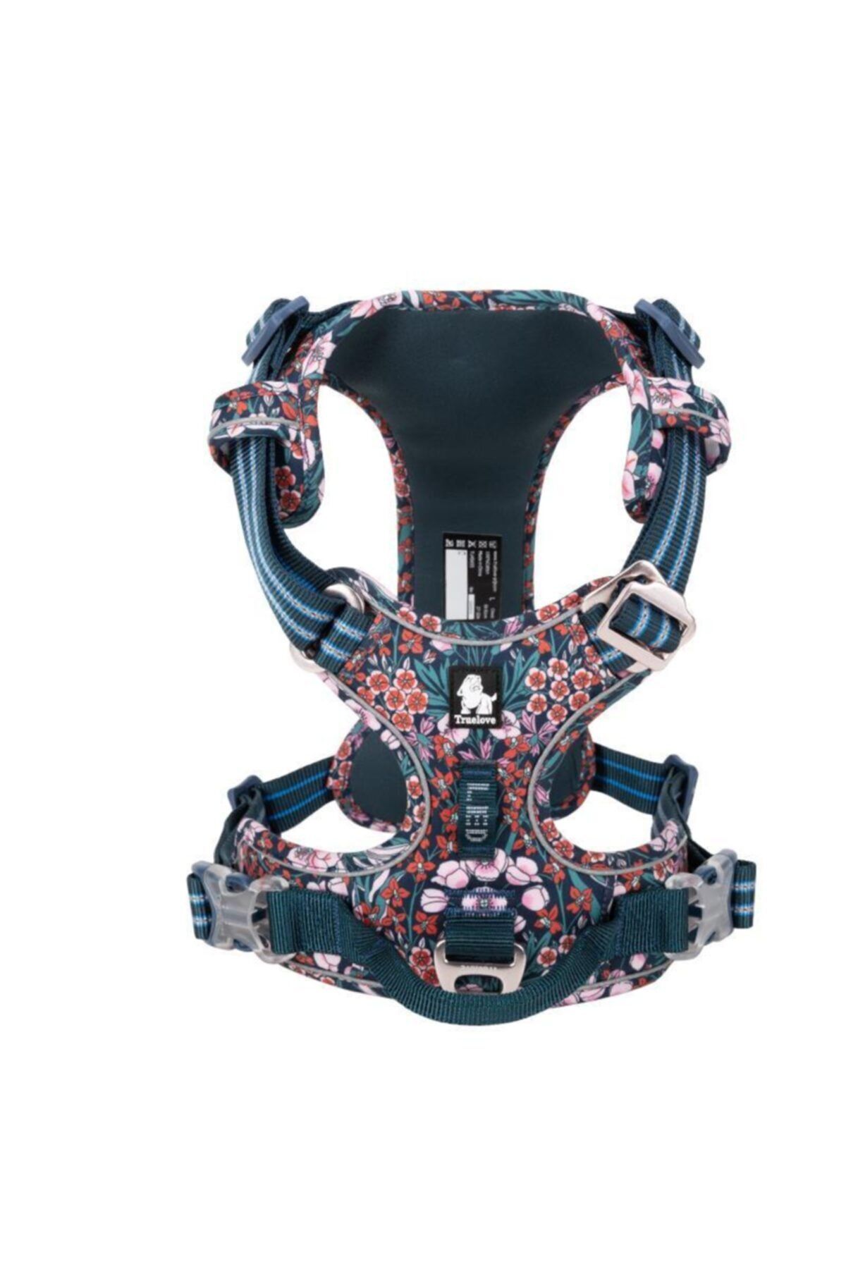True Love Renkli Çiçek Desenli, Alüminyum D-halkalı, Ergonomik Mavi Göğüs Tasması-xlarge