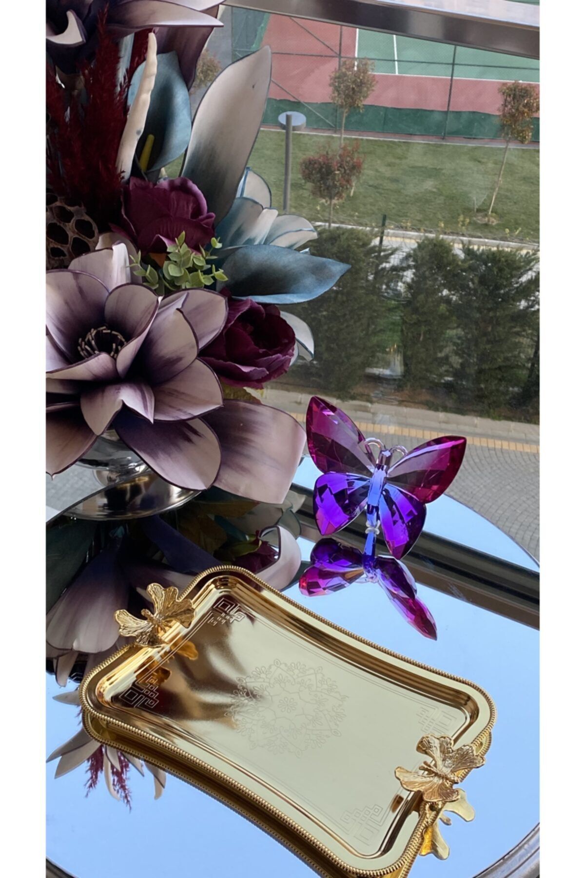 Glamour Home Kelebekli Desenli Tek Kişilik Kahve Sunumluk Metal Damat Söz Tepsisi Gold