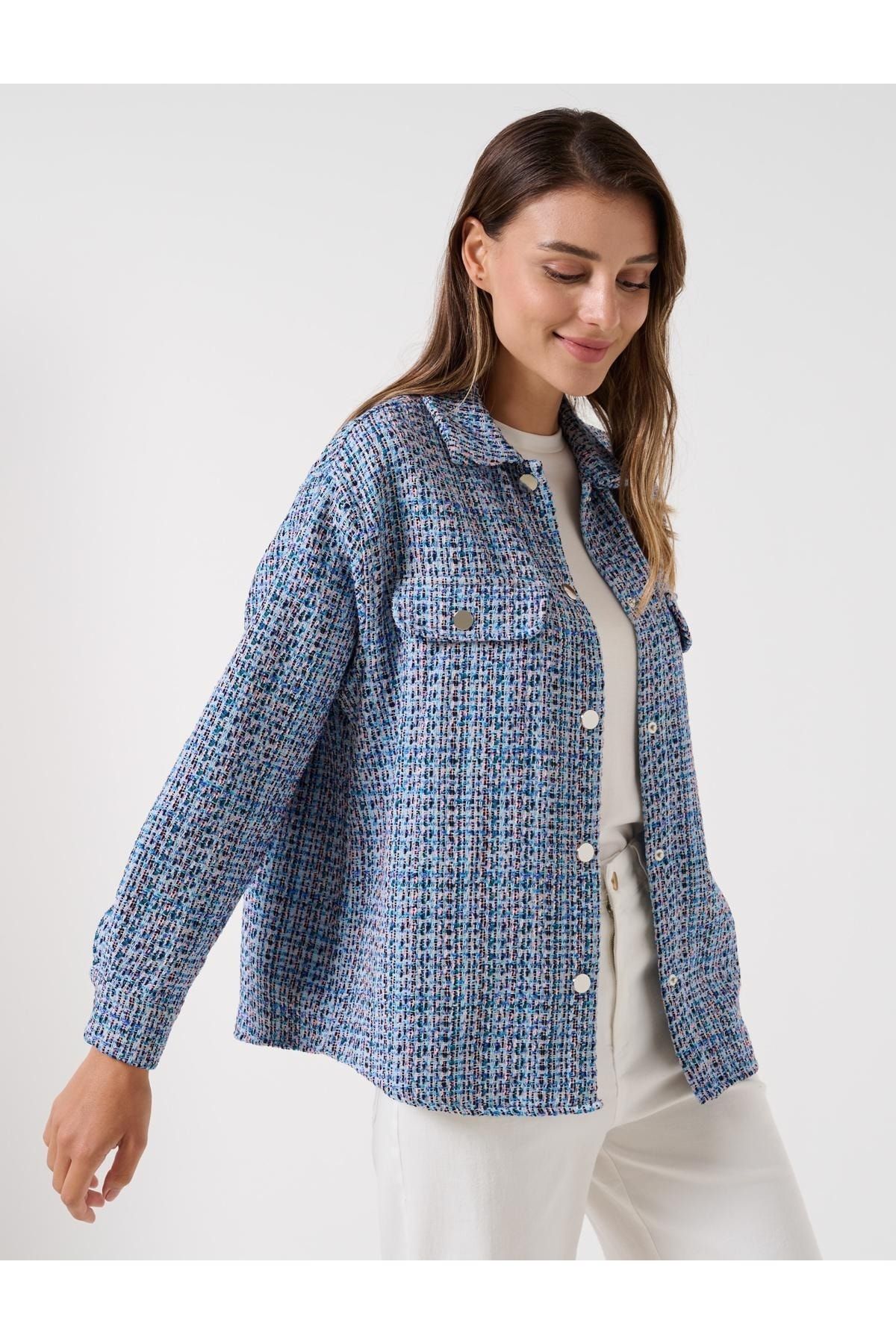 Jimmy Key Women s Blue Straight Cut Long Sleeve Shirt Collar