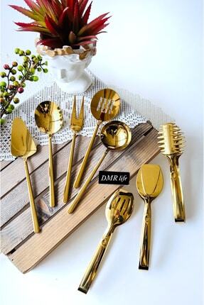 8 Parça Mat Gold Sos Servis Seti Ve Maşa Servis Sunum Seti (MAT GOLD 18/10) Image 0