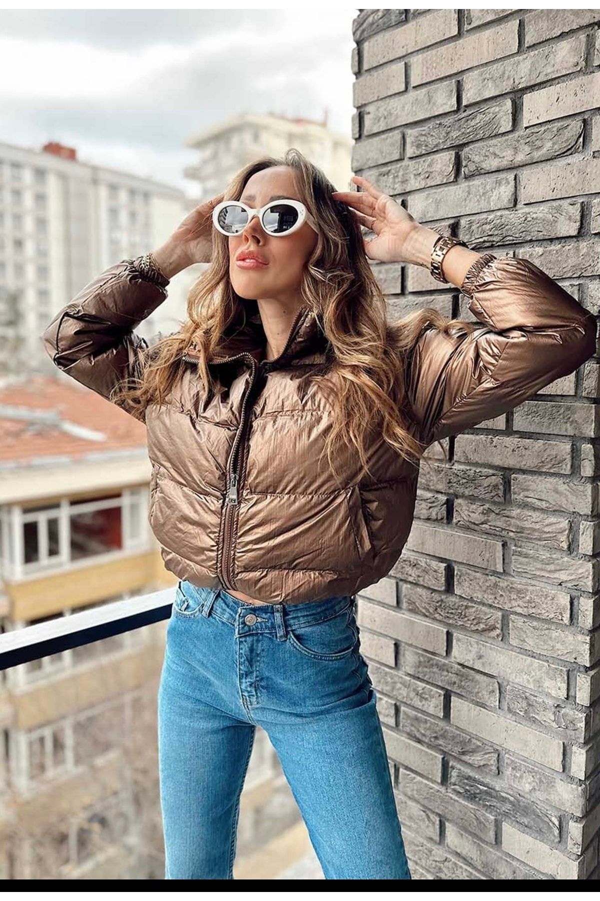 manana fashion High Collar Shiny Short Puffer Brown Coat Trendyol