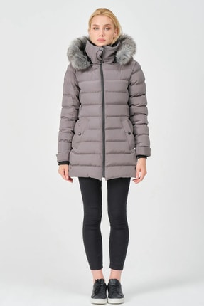 Kadın Gri Yakası Kürklü Çıkabilir Kapüşonlu Kadın Yasmin Mont Image 5