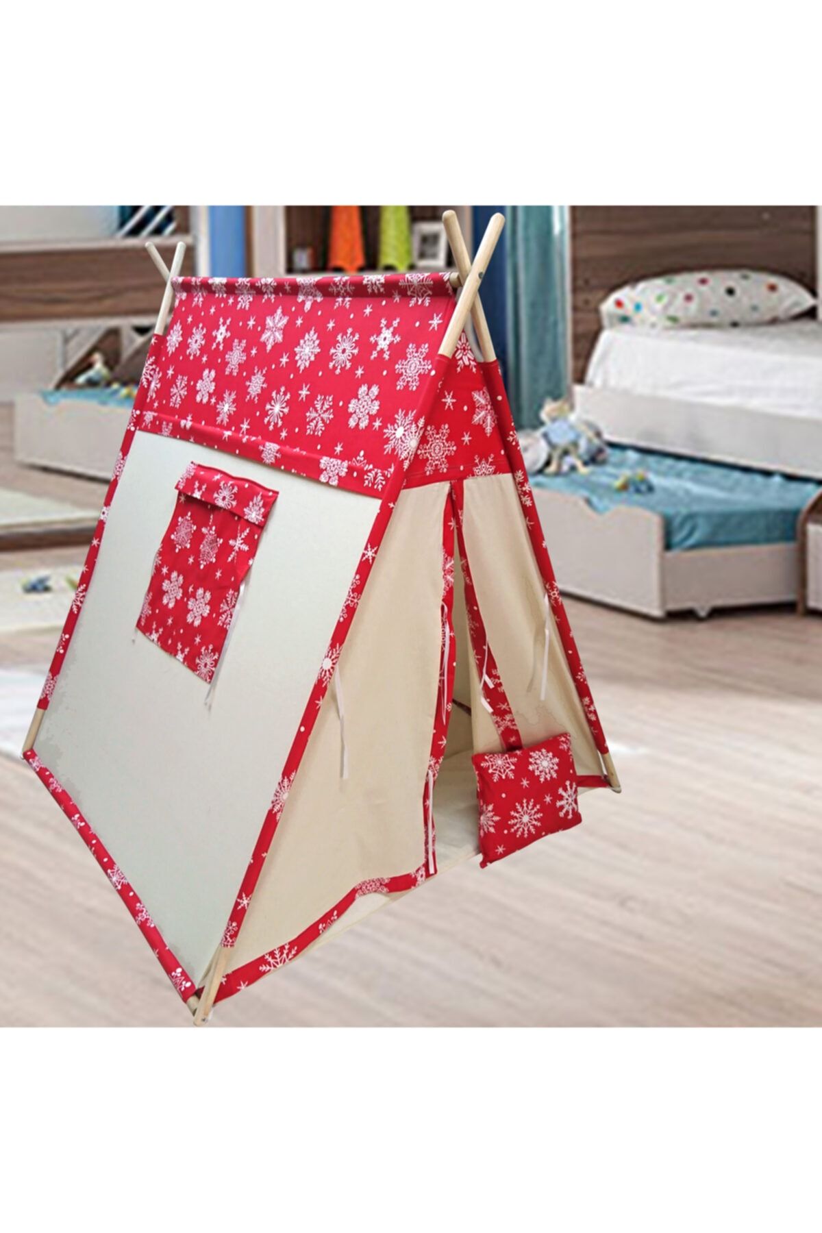 altev tasarım Unisex Çocuk Kırmızı Pirizmatik Ahşap Kızılderili Çadırı