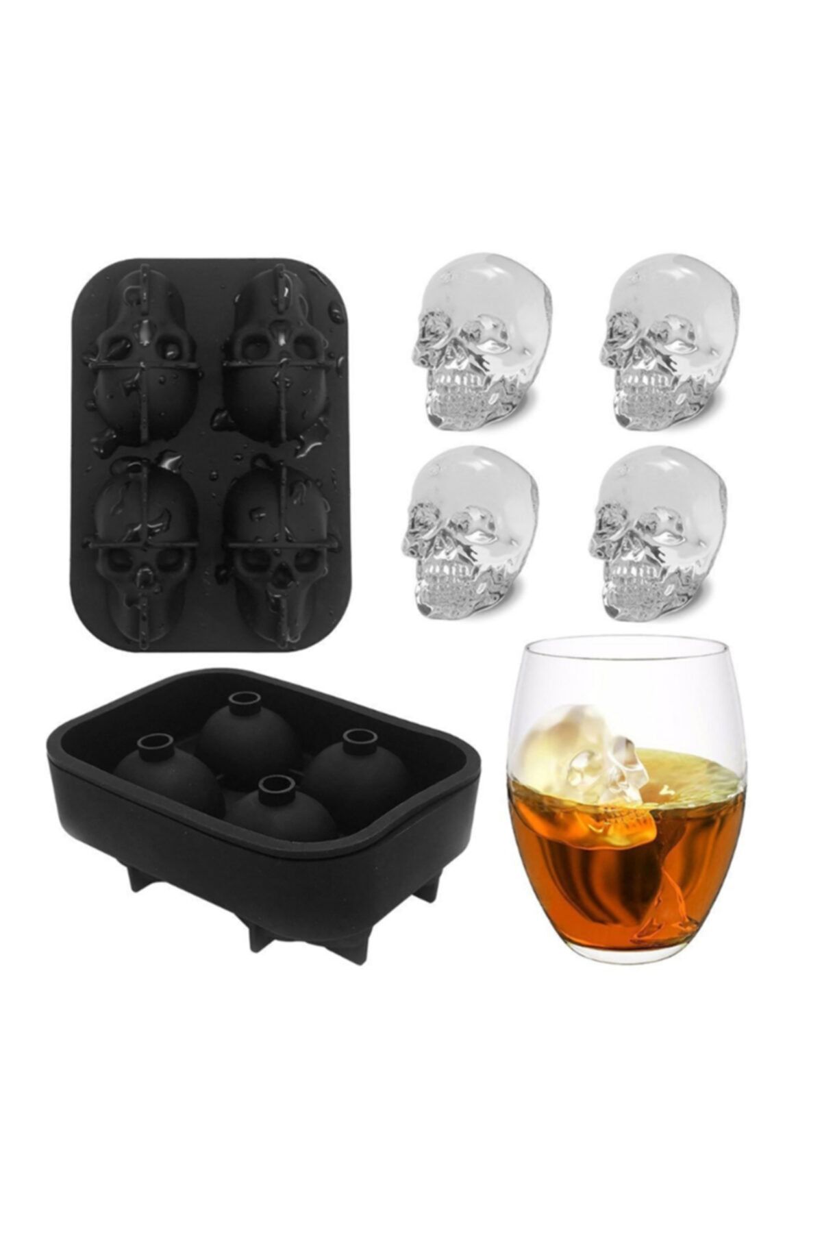 GadgetTR Kafatası Kalıbı Şeklinde 3 D Buzkalıbı - Kurukafa Buzluk - 4 Lü Buz Kalıbı