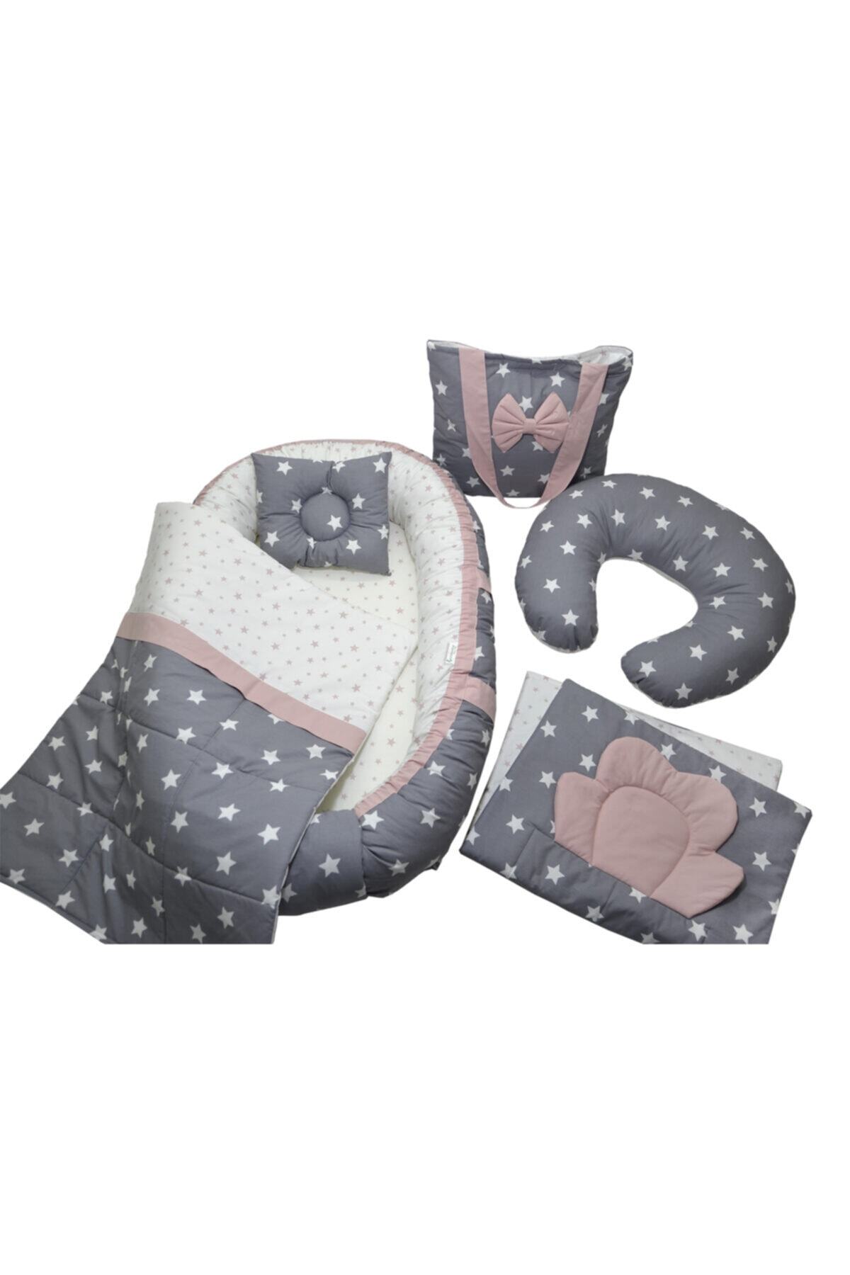 berababy Babynest Emzirme Yastıklı Gri Ve Pudra Tasarım Bebek Yuvası 6 Parça Set