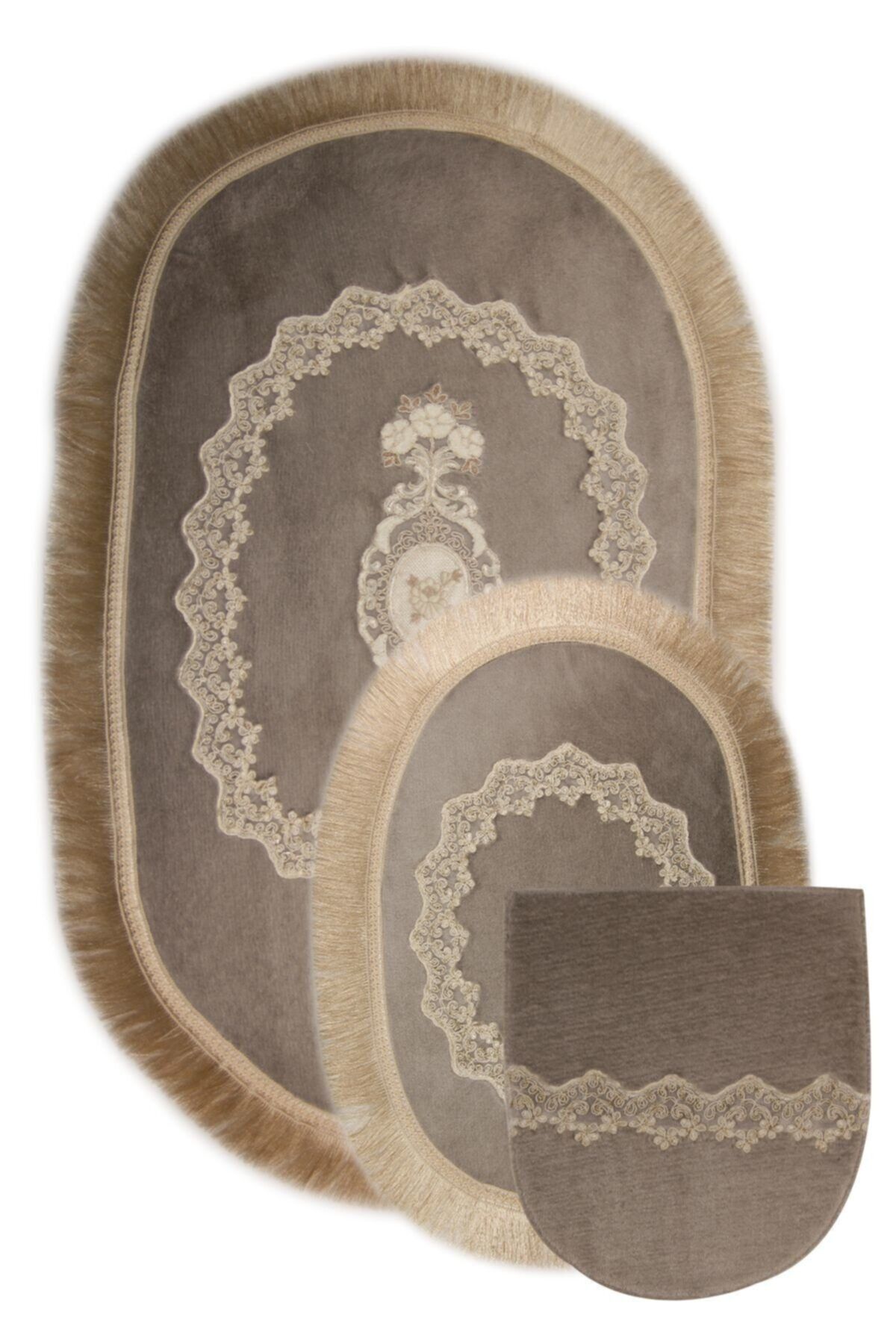 Bonny Home Gri Exclusive 3lü Oval Çeyizlik Saçaklı Fransız Dantelli Klozet Takımı Banyo Paspas Seti