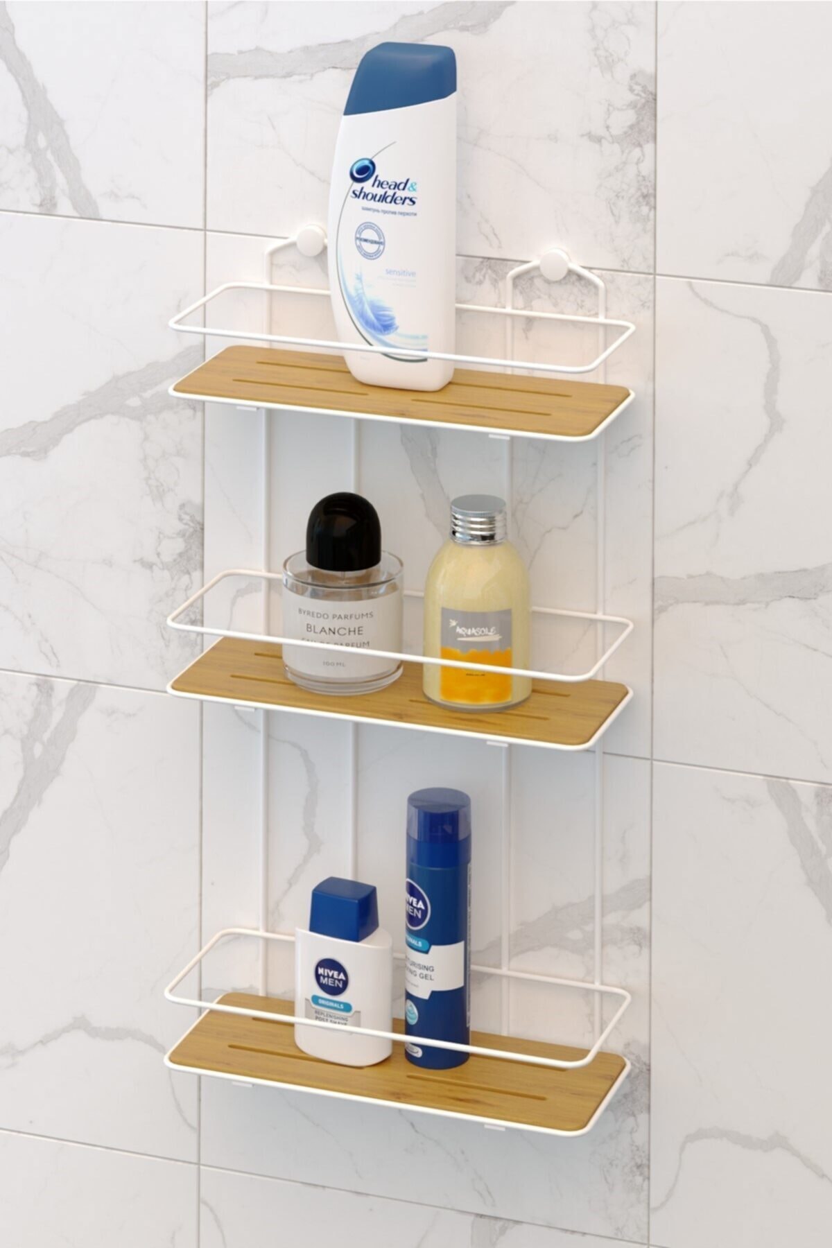 Teknotel Üç Katlı Ahşap Banyo Duş Rafı