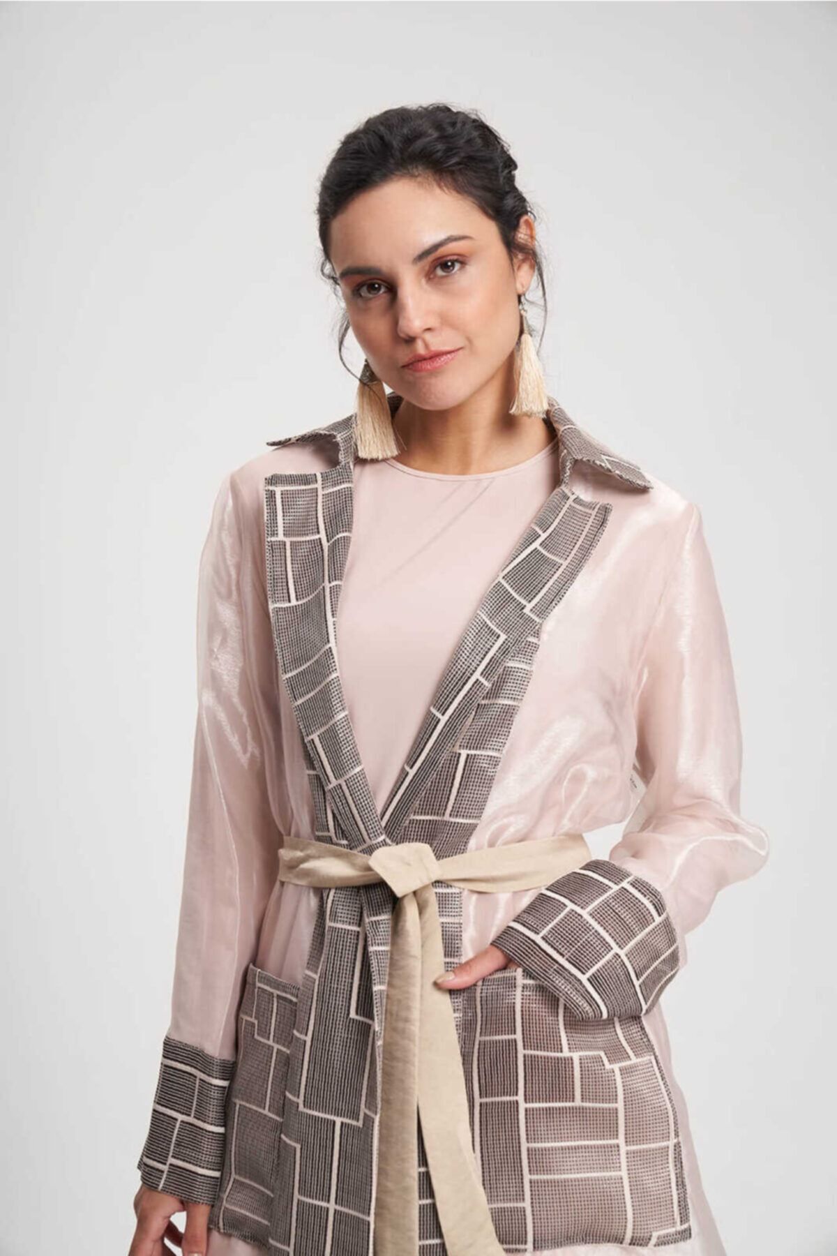Orhan File Garnili Organze Trench Bej