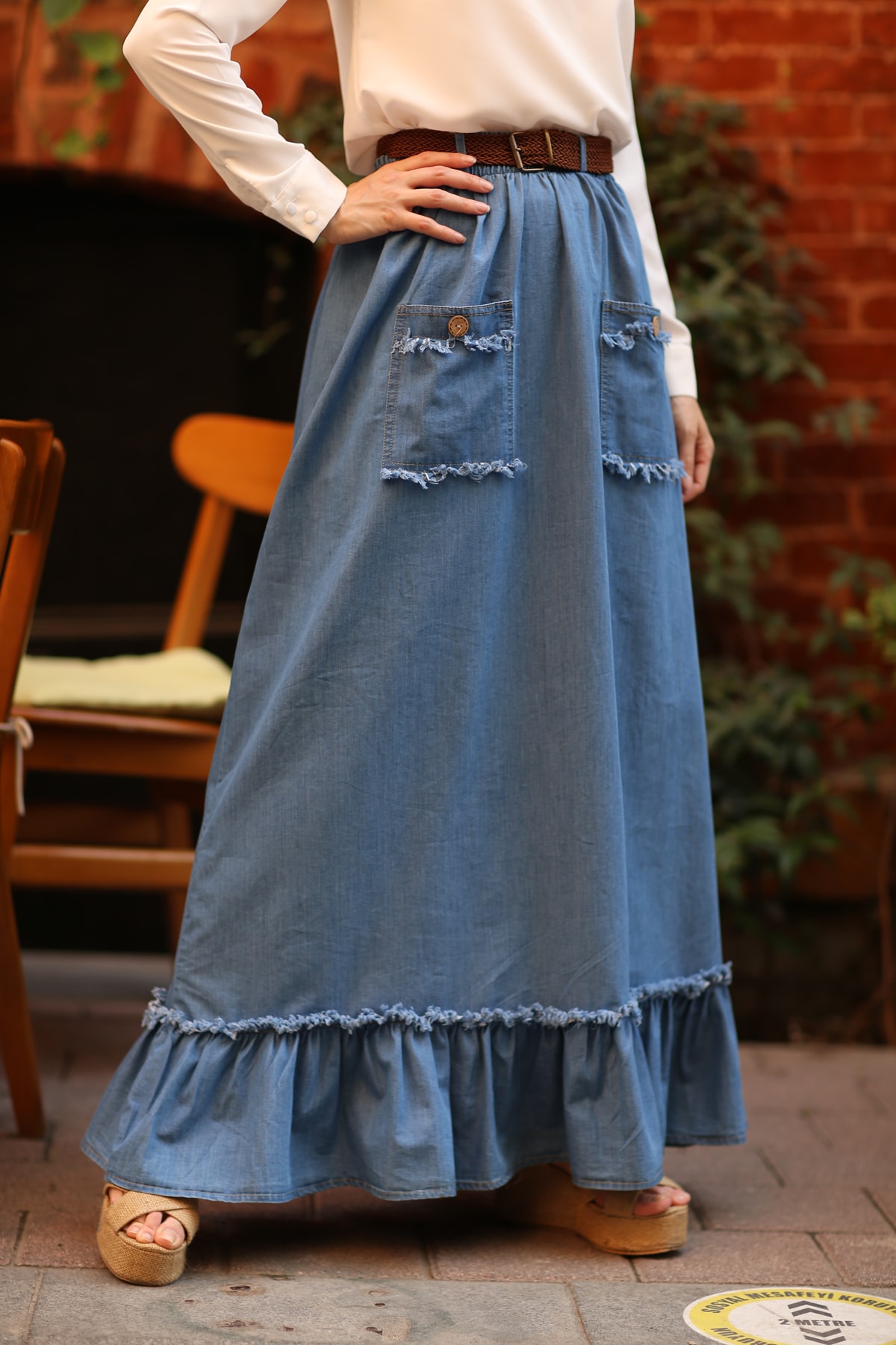 benguen 523 Kemerli Denim Etek - Mavi