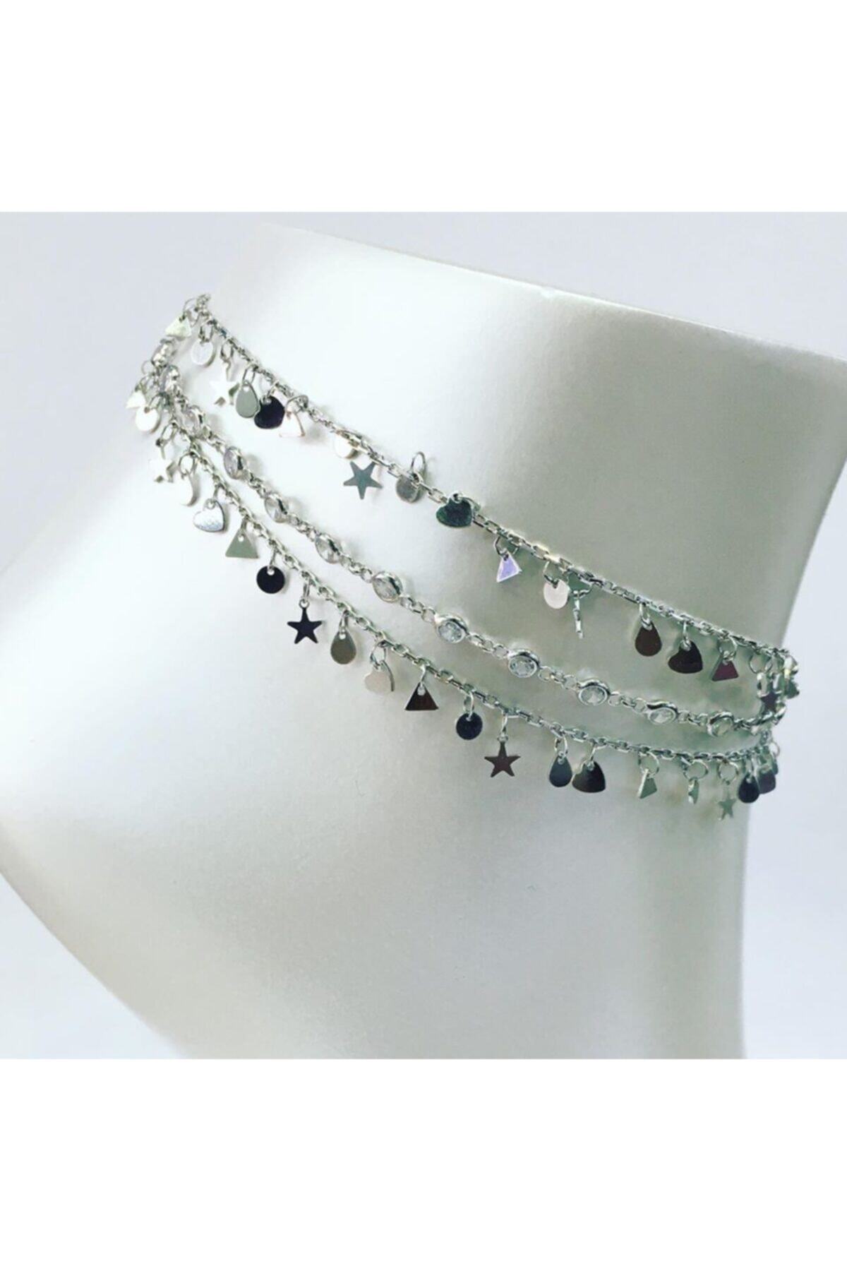 Tmt Silver Gümüş Üç Sıralı Zirkon Taşlı Miks Pullu Tiffany Halhal