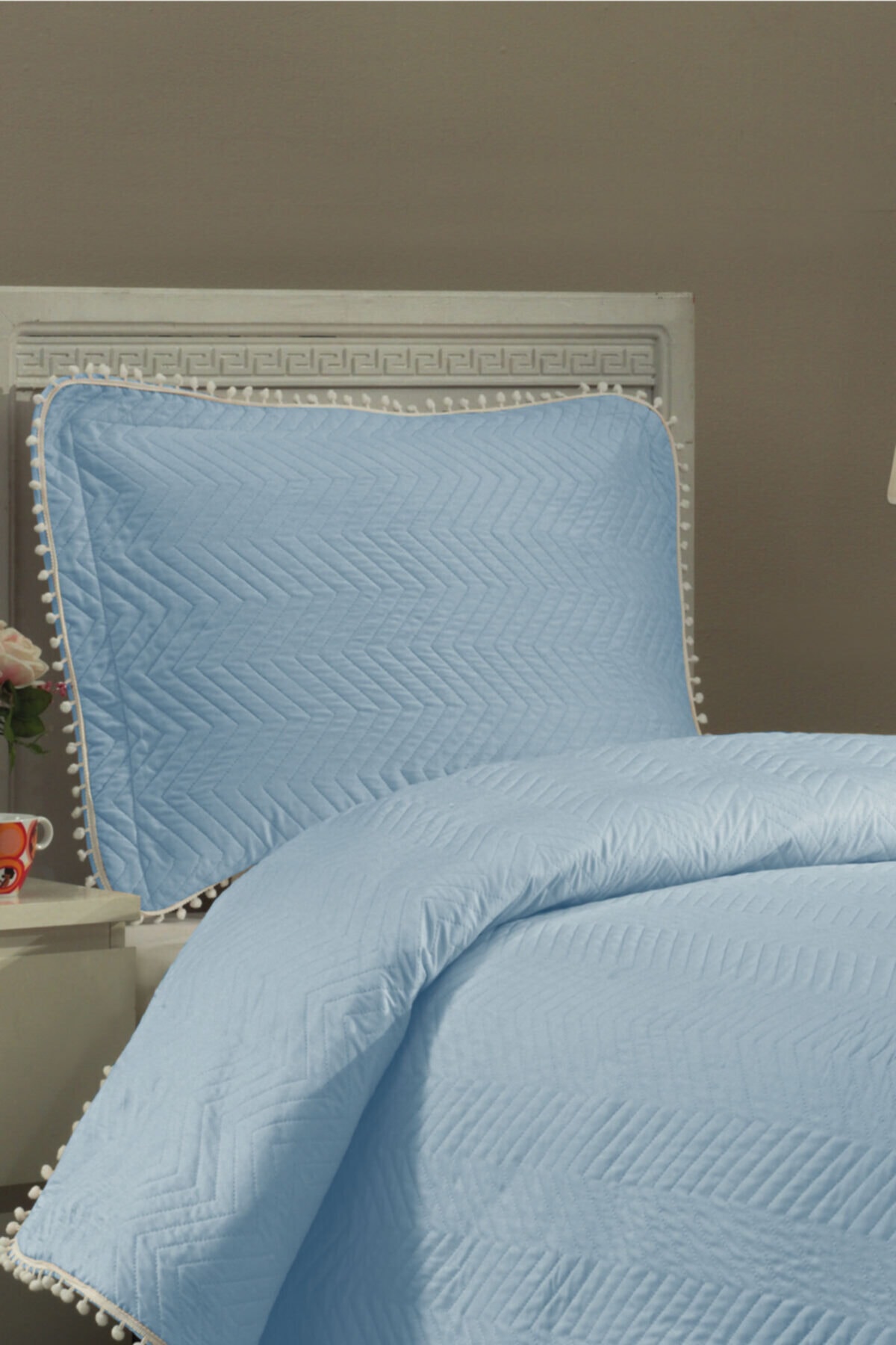 evlen home mavi kapitone ponponlu tek kisilik yatak ortusu fiyati yorumlari trendyol