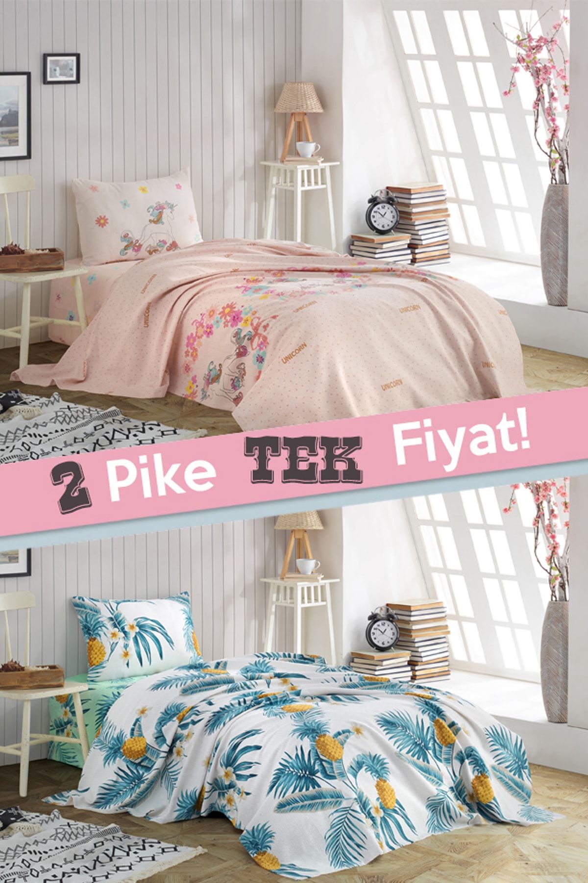 Ev & Ev Home 2li Pike Tek Kişilik Unicornlar + CustomAnanas