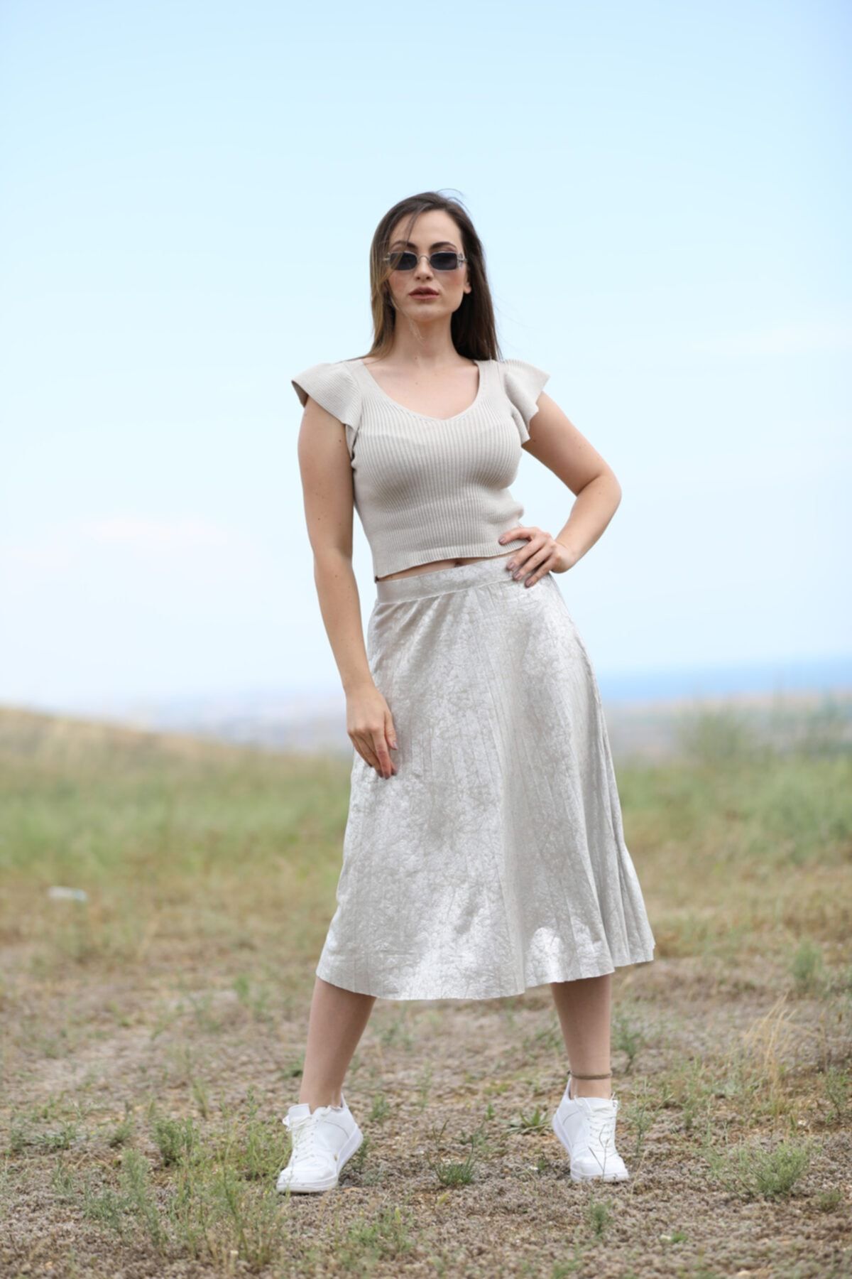 SHERIN Kadın Gri Taş Triko Kolu Volanlı Fitil Atlet