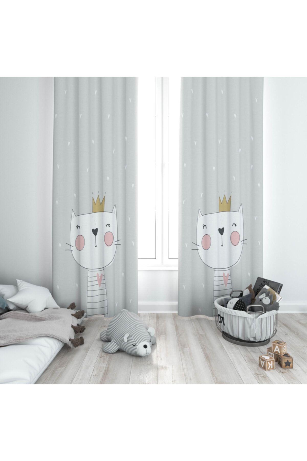 Osso Halı Else Gri Taçlı Kedi Iskandinav Desenli Çocuk Odası Fon Perde