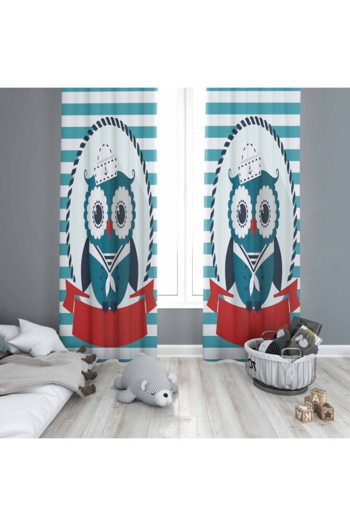 Osso Halı Osso Mavi Denizci Baykuş Çocuk Odası Modern 3d Desenli Fon Perde