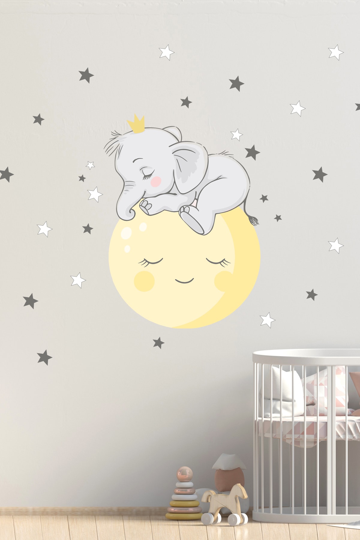 Sim Tasarım Uykucu Fil Ile Sarı Ay Duvar Sticker Seti