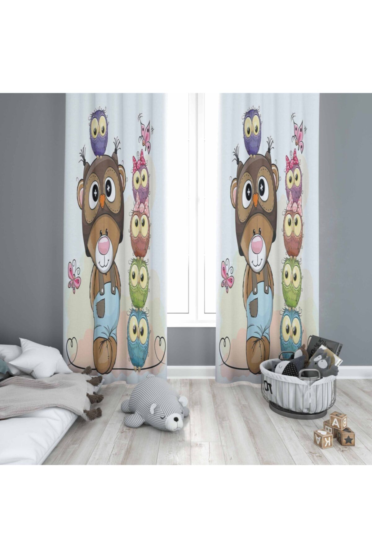 Else Halı Çocuk Ayılı Baykuşlu Modern 3d Desenli Fon Perde