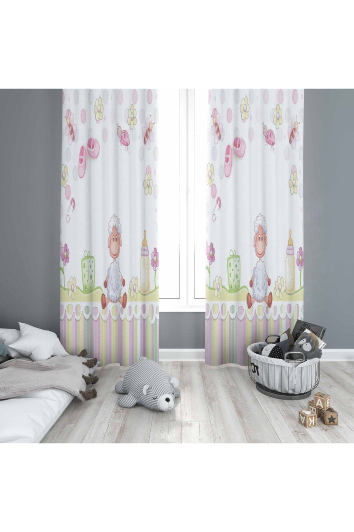 Else Halı Pembe Kuzucuklu Bebek Odası Modern 3d Desenli Fon Perde