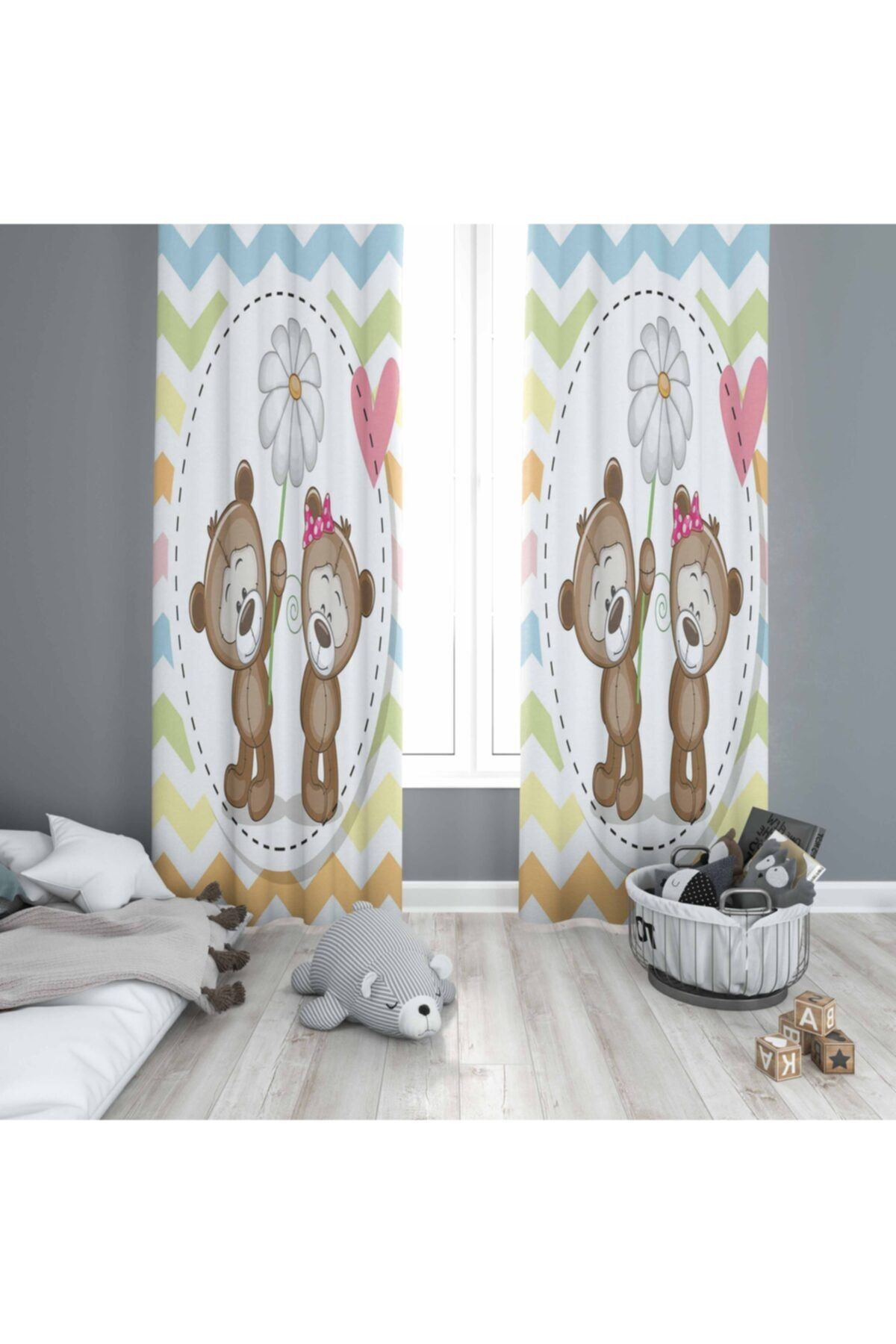 Else Halı Sevimli Ayıcık Bebek Çocuk Odası Modern 3d Desenli Fon Perde