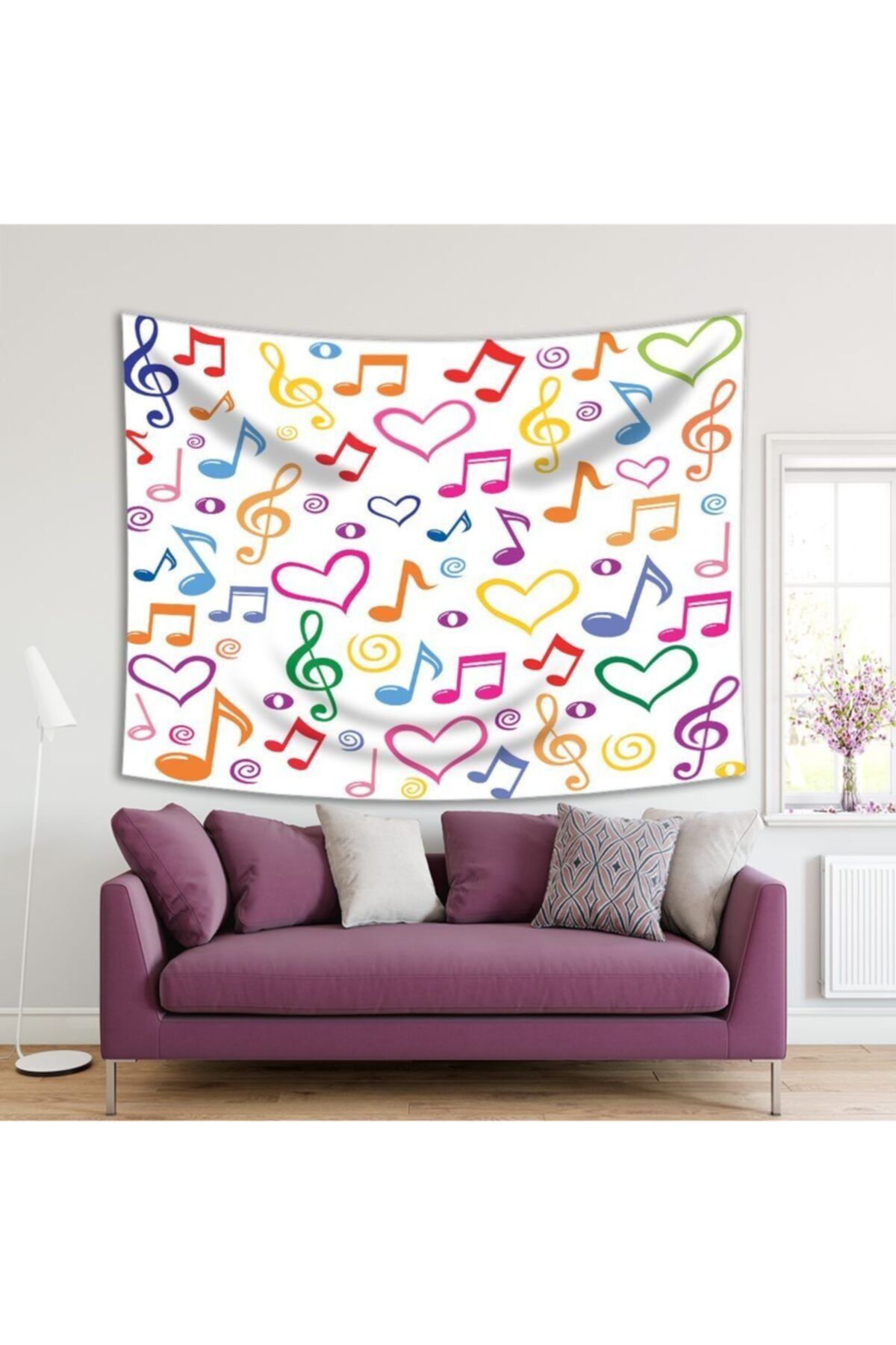 Henge Home Baskılı Duvar Örtüsü Renkli Müzik Nota Kalp Desenli Kırmızı Mavi