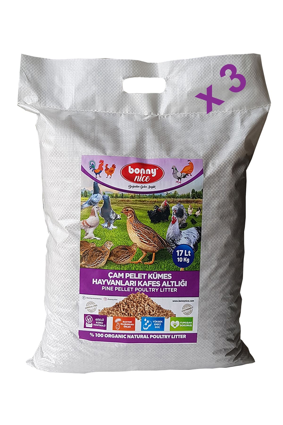 Bonny Nice Bıldırcın Güvercin Süs Tavukları Kafes Altlığı 10 Kg 17 L X 3 Paket