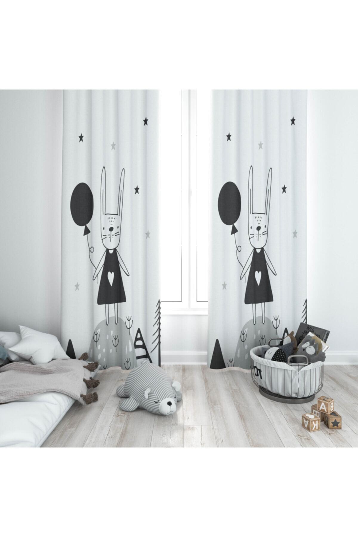 Osso Halı Unisex Gri Else Balonlu Tavşan Iskandinav Desenli Çocuk Odası Fon Perde