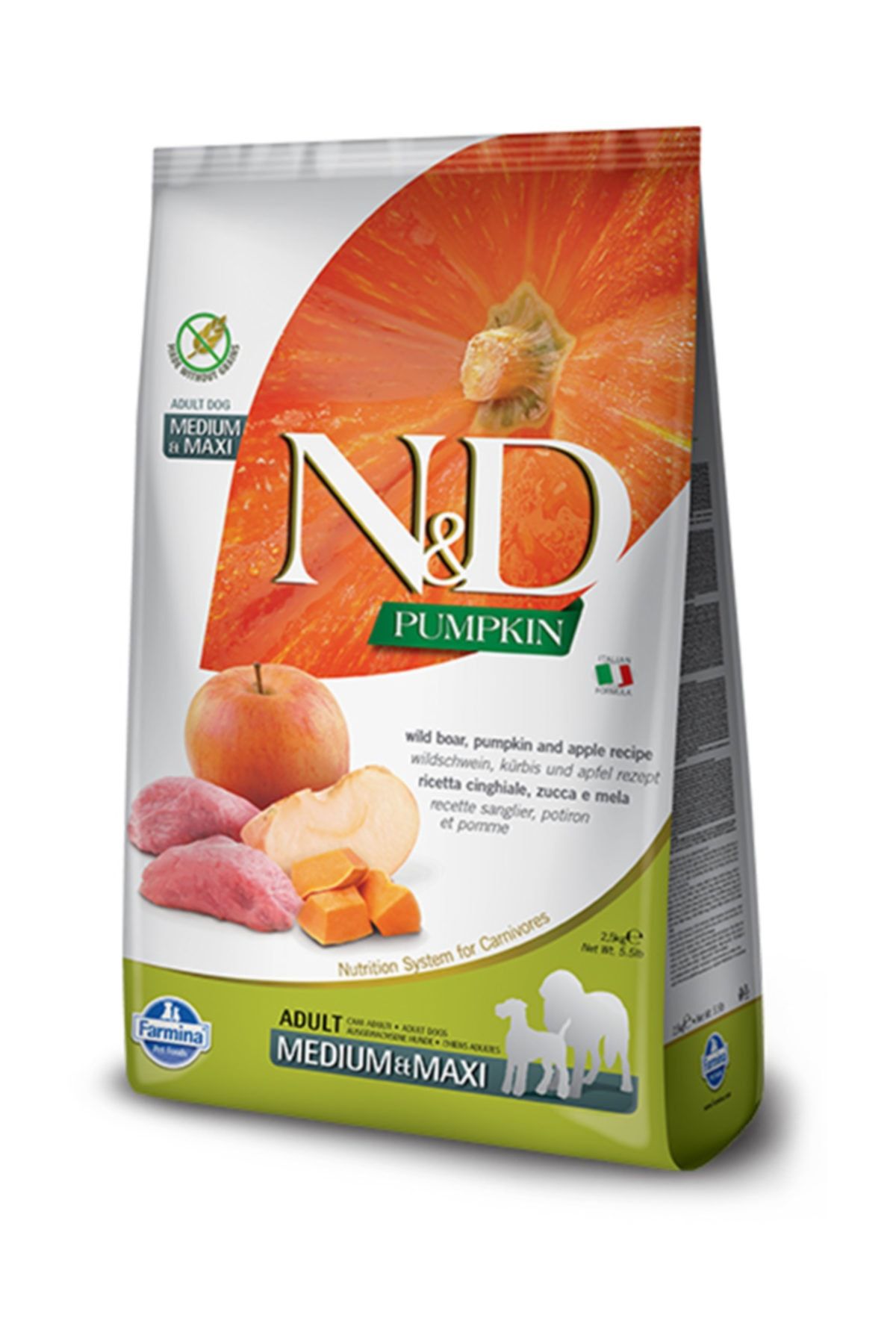 N&D Medium ve Maxi, Tahılsız, Yaban Domuzu, Elmalı ve Balkabaklı Yetişkin Köpek Maması 2,5 kg