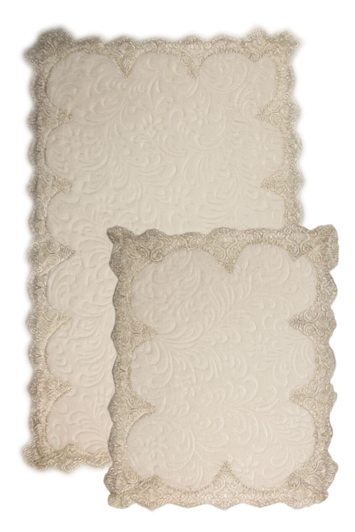 Bonny Home Peluş Lux Köşeli Krem 2li Dantelli Klozet Takımı Çeyizlik Banyo Halısı Paspası Seti