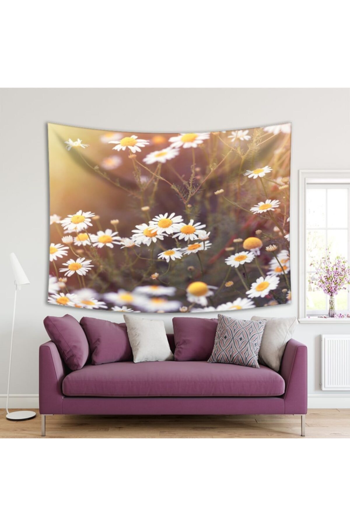 Henge Home Baskılı Duvar Örtüsü Yabani Papatya Gün Işık Desenli Sarı