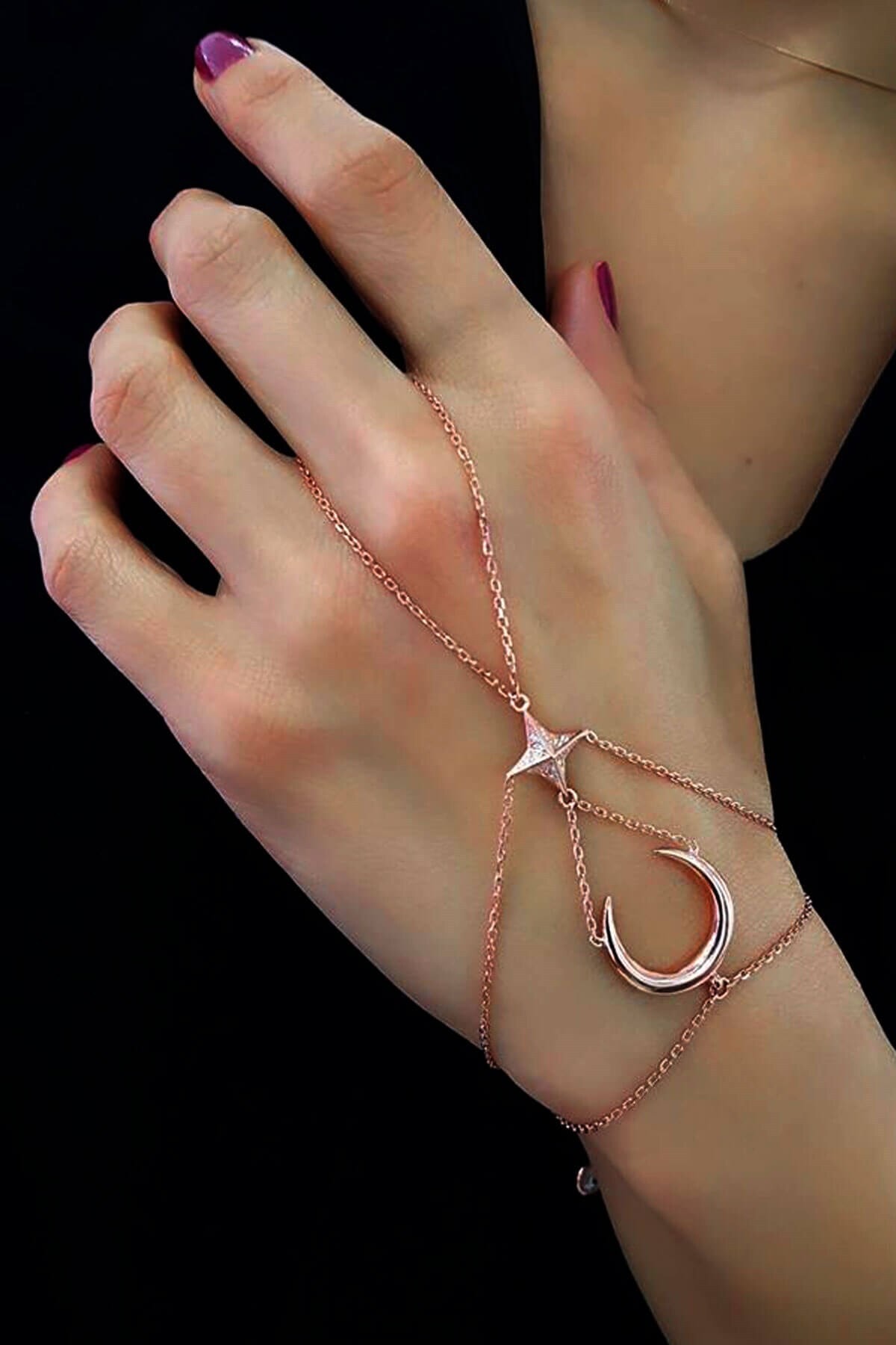 OSESHOP Ay Yıldız Işlemeli Gümüş Üzerine Rose Altın Kaplama Şahmeran