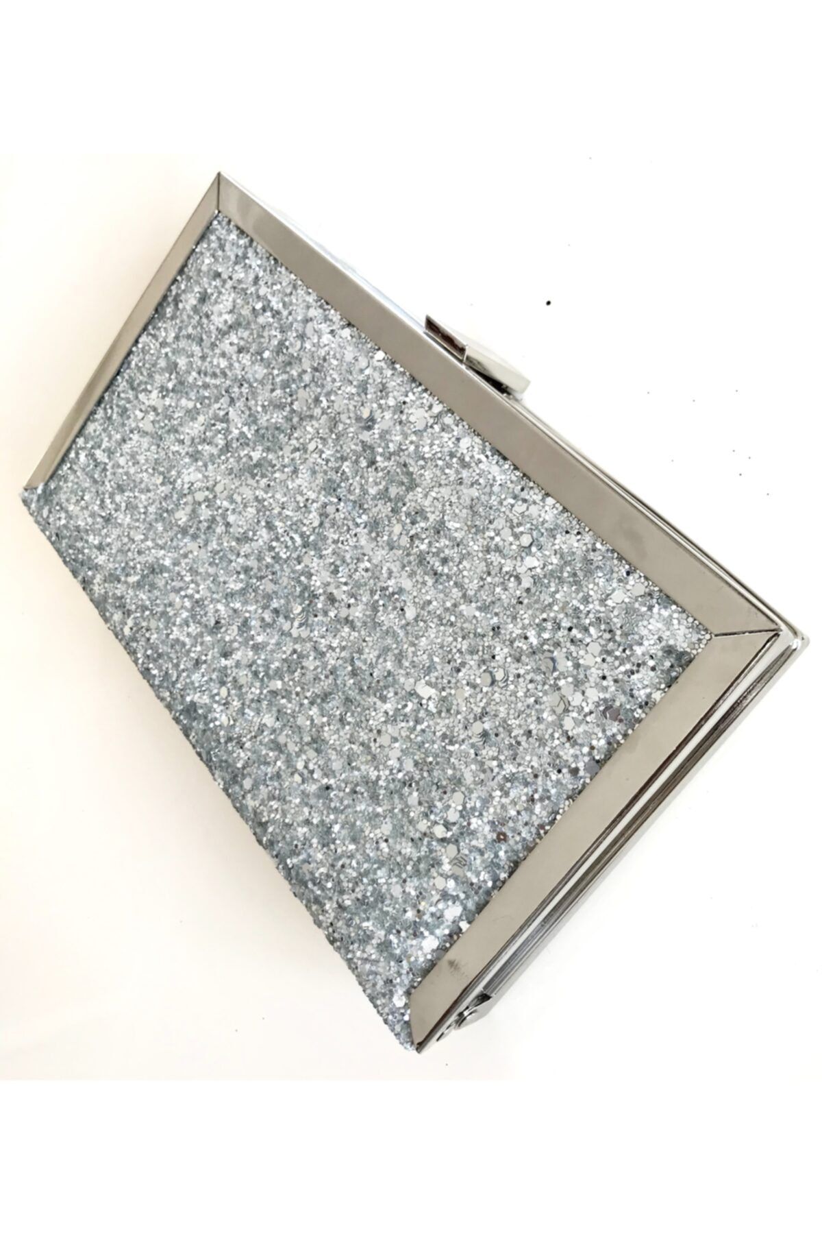 Abiye Butik Çanta Gümüş Pullu Metal Köşeli Corner Model Abiye Çanta