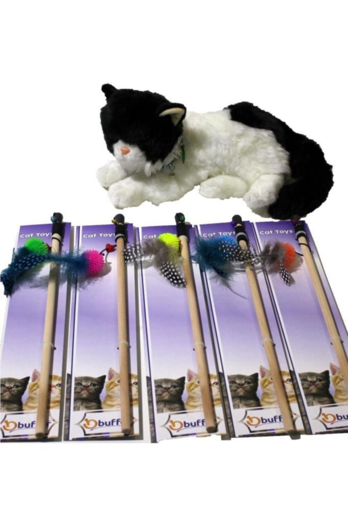 rennway Peluş Oyuncaklı Tahta Saplı Eğlenceli Uzayabılen Kedi Oyun Oltası