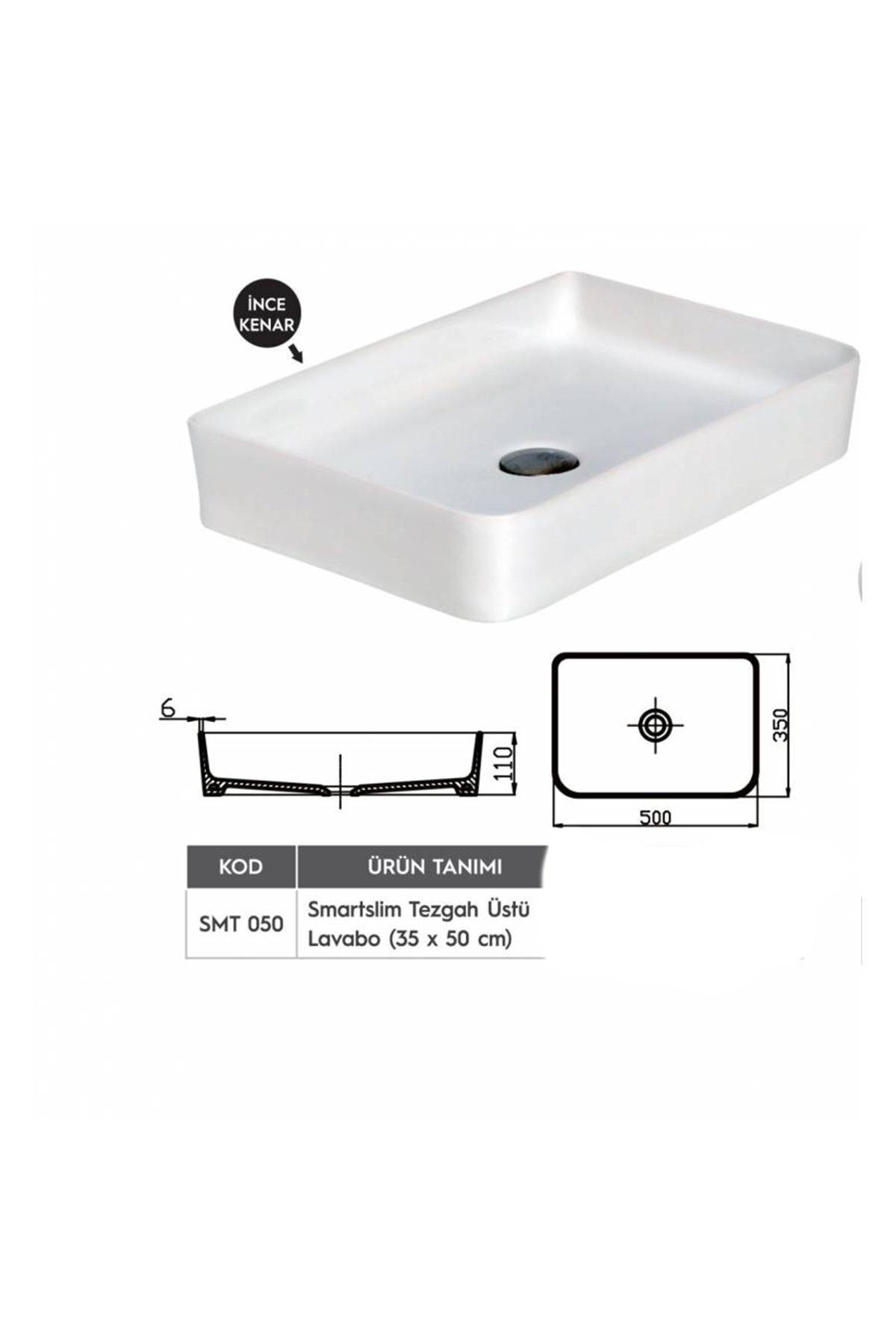 ALVİT Tezgah Üstü Ince Kenarlı Lavabo 35x50