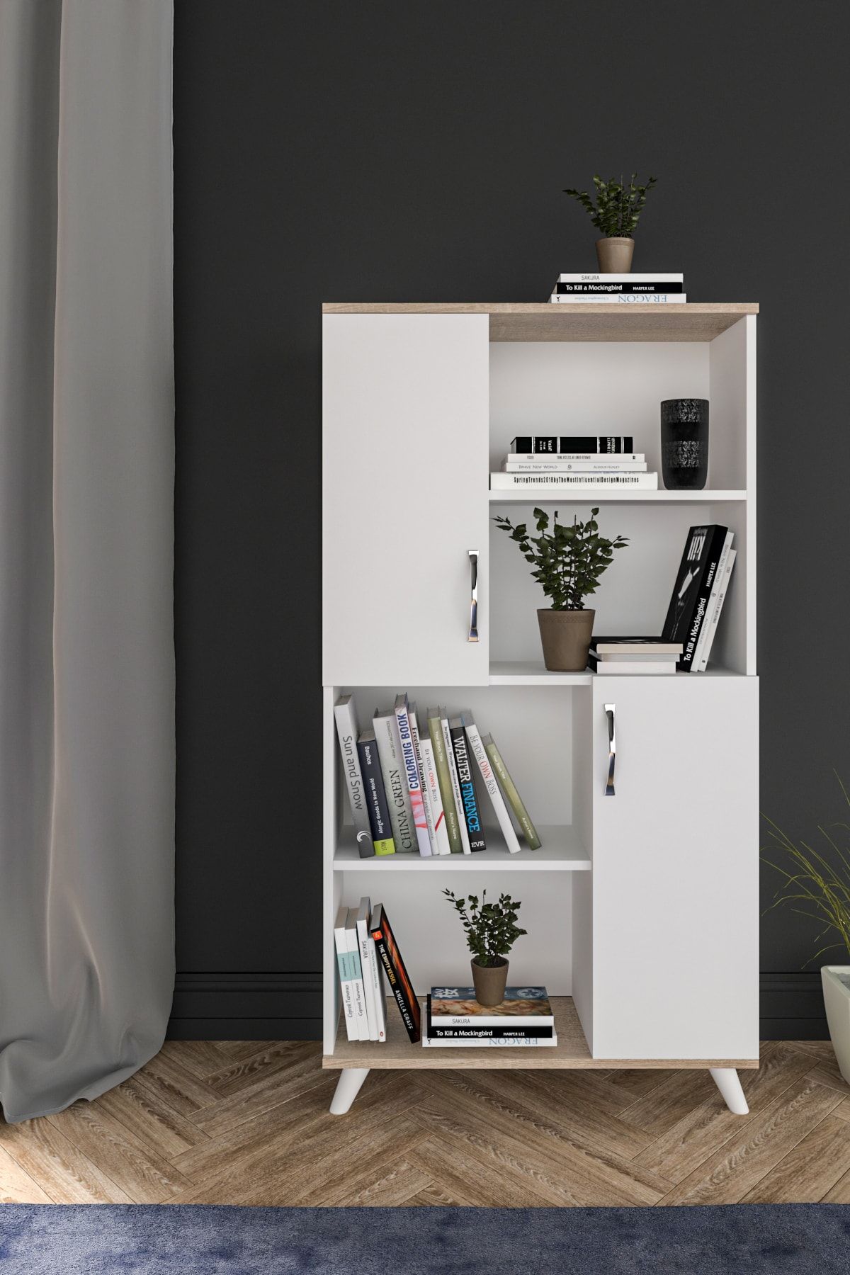 AEKA Ae-4006 Yakamoz 8 Raflı Ve 2 Kapaklı Beyaz Kitaplık