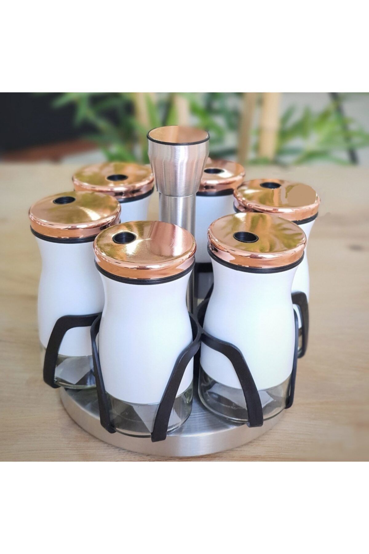 Acar Plus Acar 6 Lı Cam Metal Vidalı Lüx Dönerli Baharat Seti Beyaz Bronz