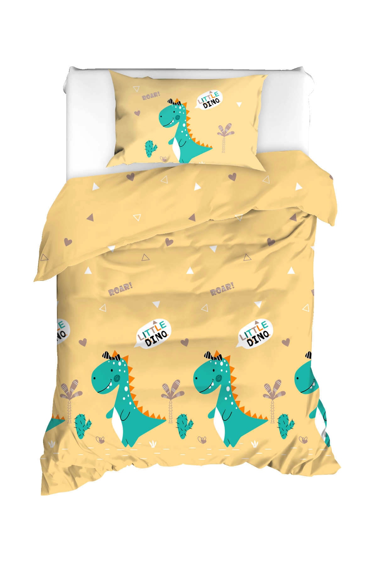 Enlora Home %100 Doğal Pamuk Nevresim Seti Tek Kişilik Little Dino Sarı