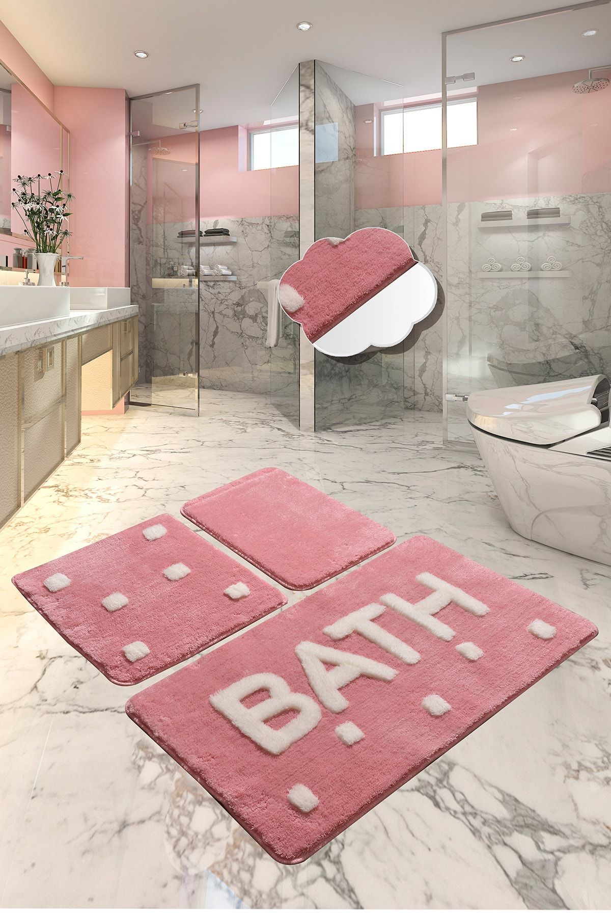 Chilai Home BATH PEMBE 3 LU SET Yıkanabilir Klozet Takımı Banyo Halısı Paspas