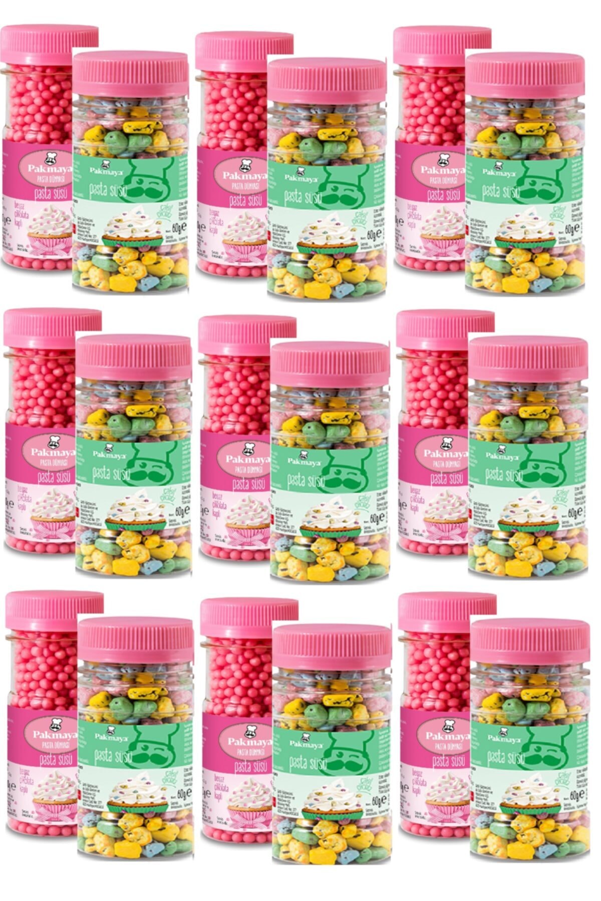 Pakmaya Pasta Süsü Pembe Boncuk Pirinç Patlağı 50 Gr X 9 Adet & Pasta Süsü Çakıl Taşı 50 Gr X 9 Adet