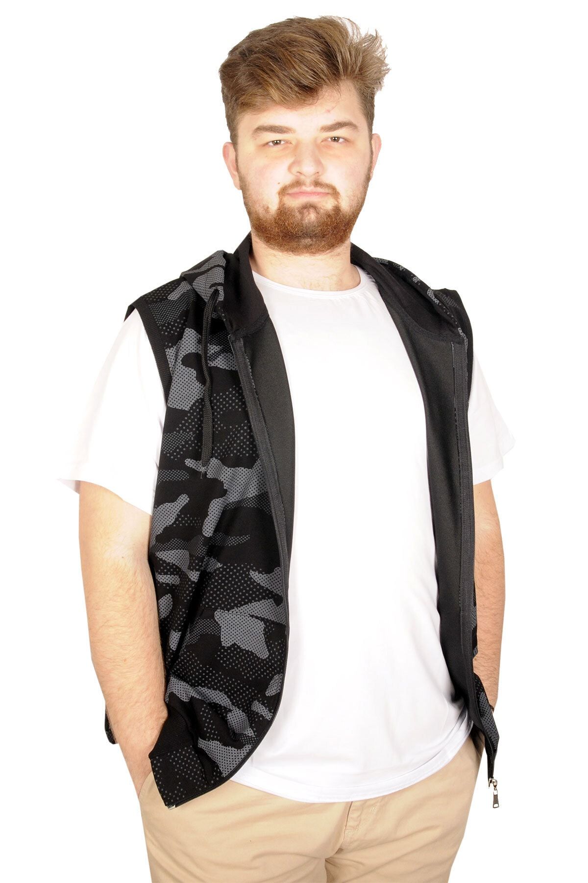 ModeXL Battal Beden Erkek Camouflage Yelek 21250 Siyah