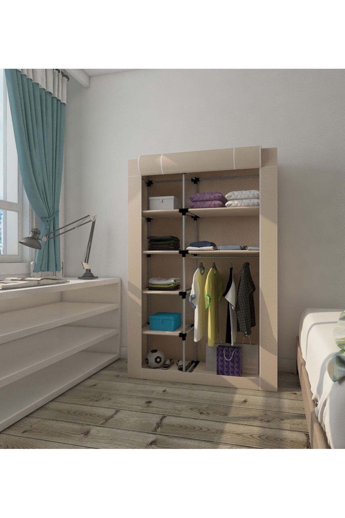 Berrado Unisex Çocuk Bej Bez Dolap Plastik Borulu Gardırop Öğrenci Dolabı Çocuk Dolabı Yandan Raflı