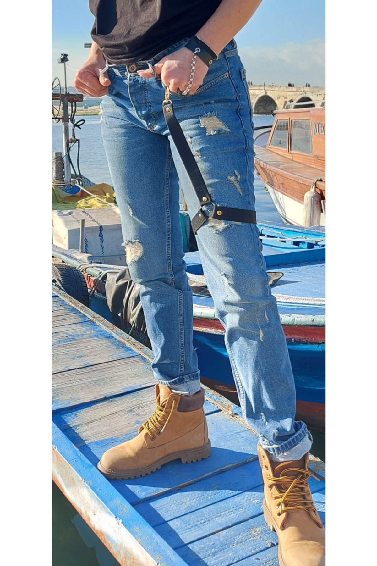 Binlerceal Siyah Gold Zımbalı Trend Bacak Kemeri, Trend Model Kemer