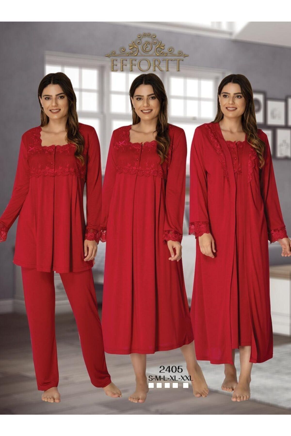 Effortt Kadın Kırmızı Hamile Lohusa Gecelik Sabahlık Pijama Takımı 4'lü Set