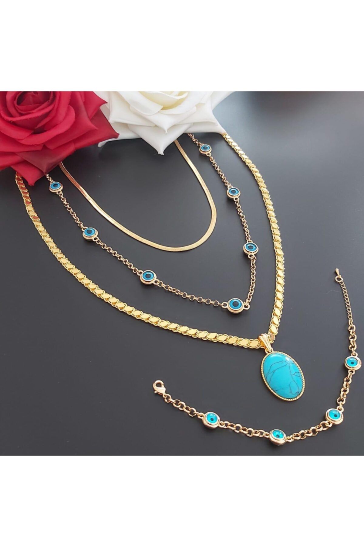 ZEYGOLD 60cm Halep Arpa Zincir Doğal Taşlı, İtalyan Ezme Zincir ve Nazar Boncuklu Kolye ve Bileklik Seti
