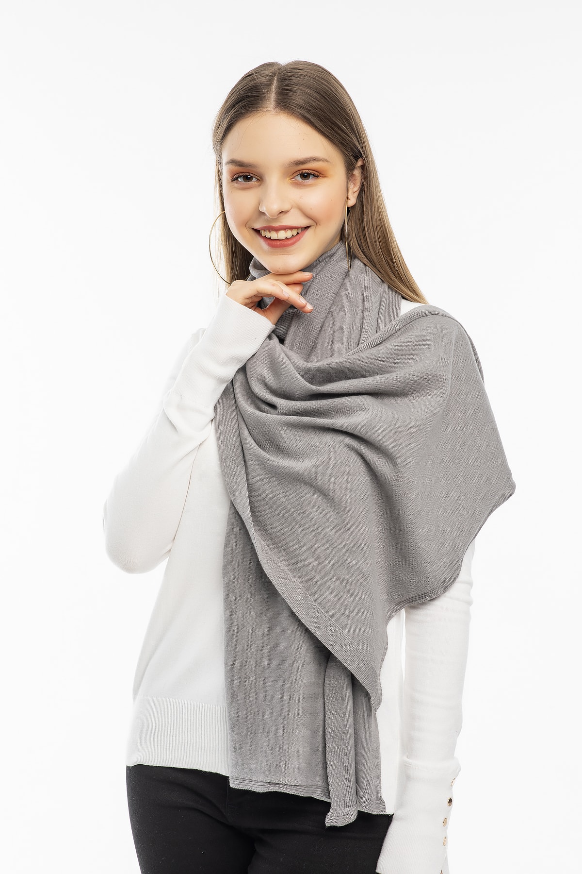 Luna Nueva Gri Saf Pamuk Triko Atkı Şal 45x180