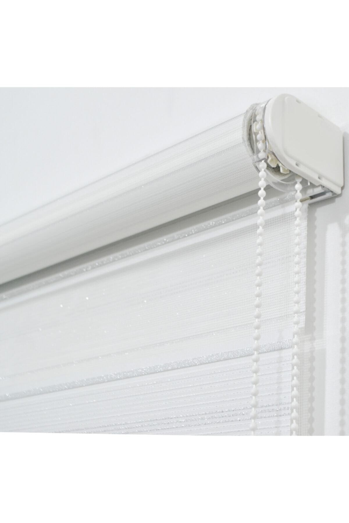 SAFİR Lüks Simli Gri Geçişli Zebra Stor Perde Etekli Boncuklu