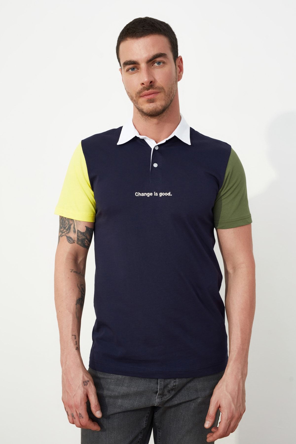 TRENDYOL MAN Lacivert Erkek Regular Fit Renkli Polo Yaka T-shirt TMNSS21PO0001