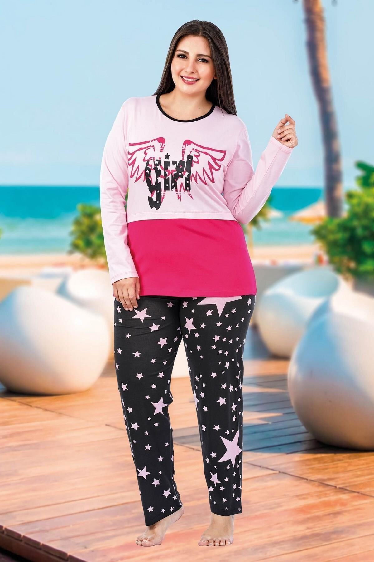 tarzimsuper Kadın Büyük Beden Girl Baskılı Yıldız Detaylı Pijama Takımı