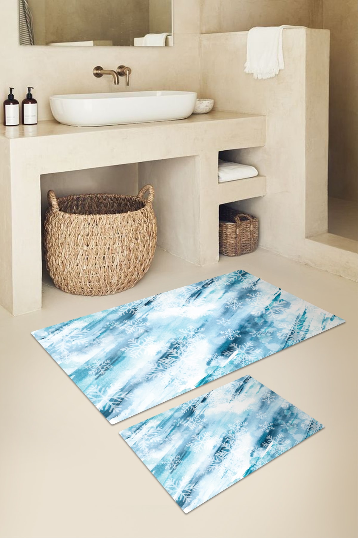 KARNAVAL HOME Karnaval Mavili Kar Taneleri  Banyo Paspas Takımı - 50x60 Cm Ve 60x100 Cm 2'li