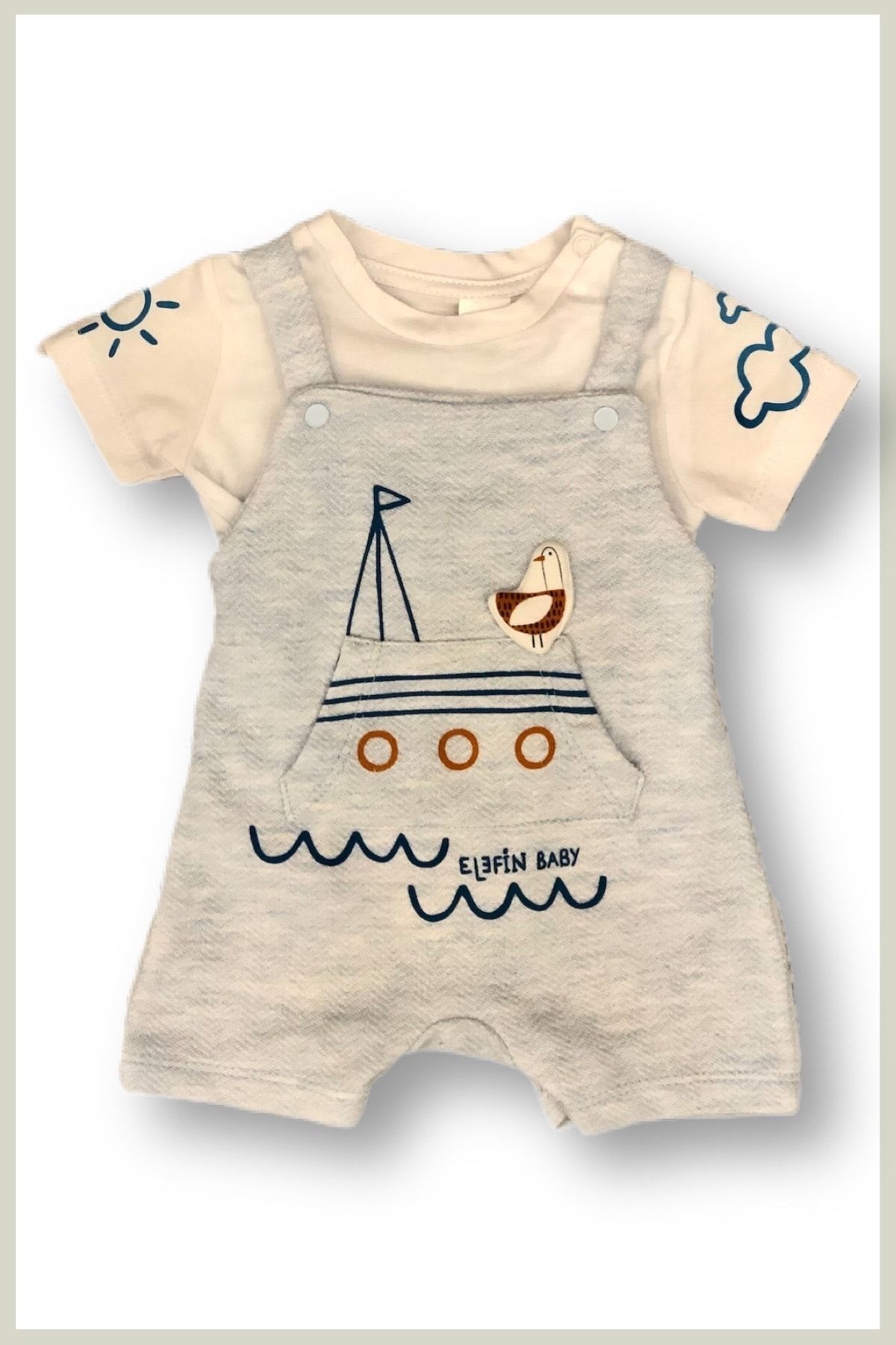 ELEFİN BABY Beyaz Badili 2 Iplik Mavi Salopet Takım 22104